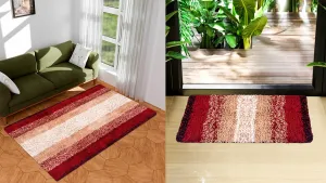 Kuber Industries Carpet | Shaggy Carpet for Living Room | Fluffy Door Mat | Maroon Patta Home Decor Carpet & Door Mat Combo | Floor Carpet Rug & Door Mat Set | Set of 2 | Cream