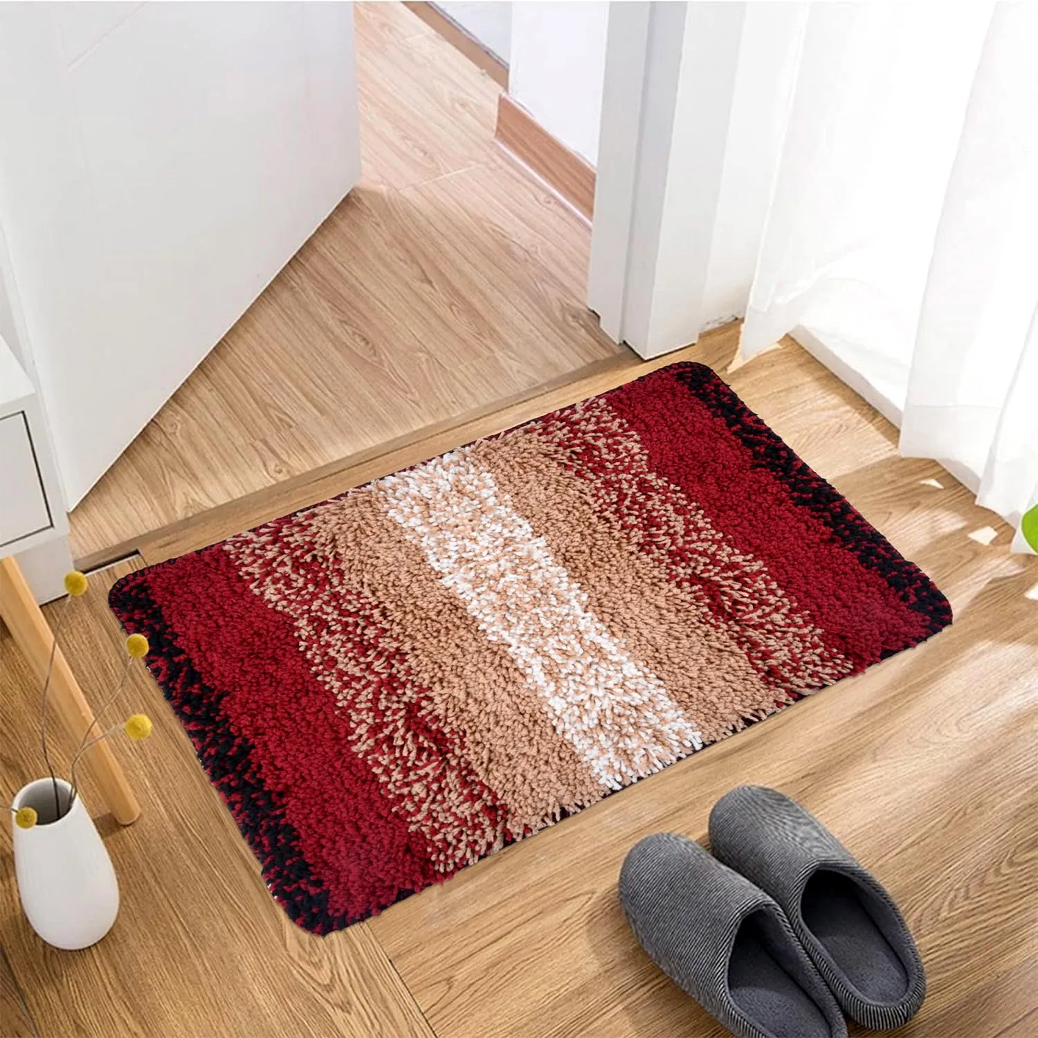 Kuber Industries Carpet | Shaggy Carpet for Living Room | Fluffy Door Mat | Maroon Patta Home Decor Carpet & Door Mat Combo | Floor Carpet Rug & Door Mat Set | Set of 2 | Cream