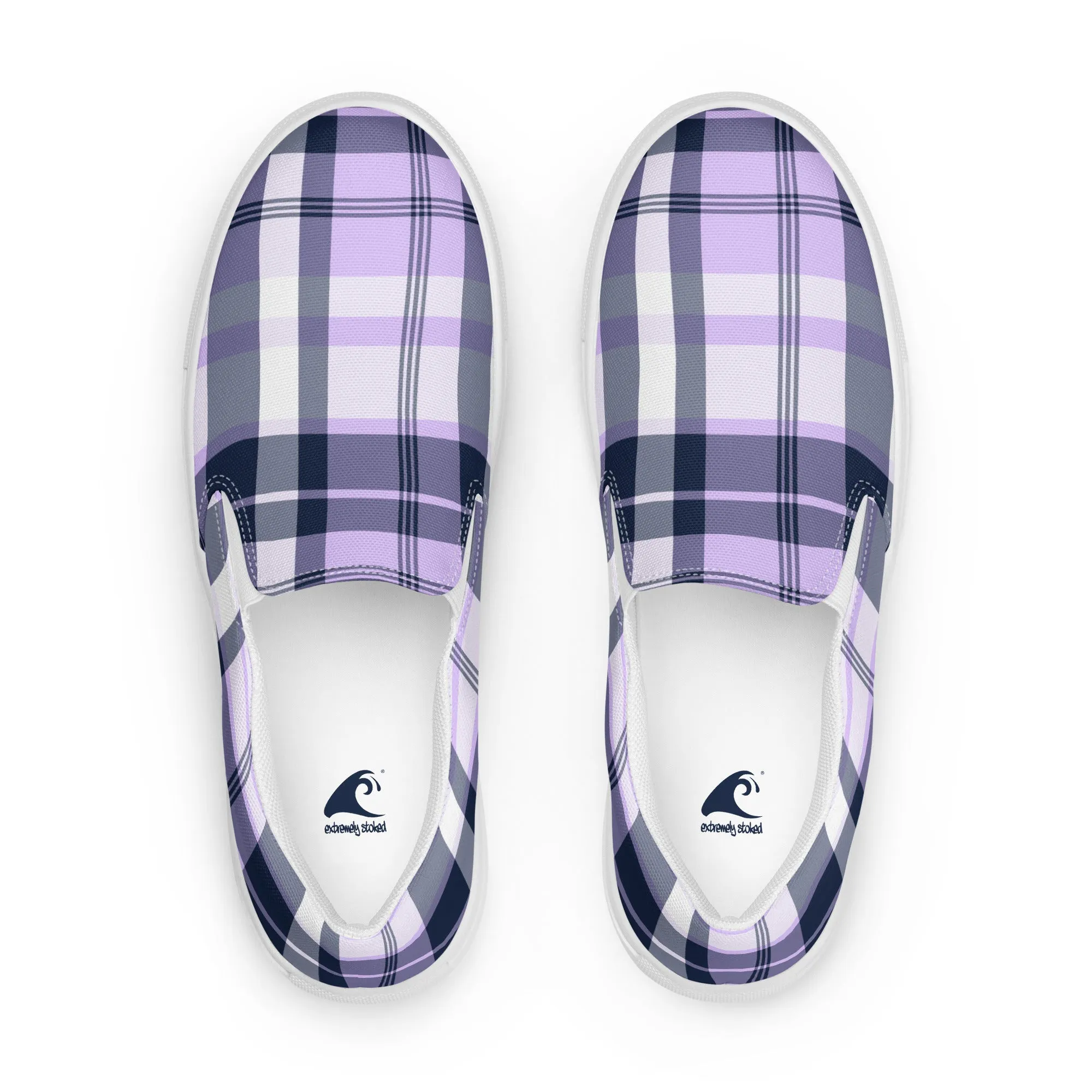 Lavender and Navy Blue Preppy Surfer Plaid Men’s Slip On Canvas Shoes