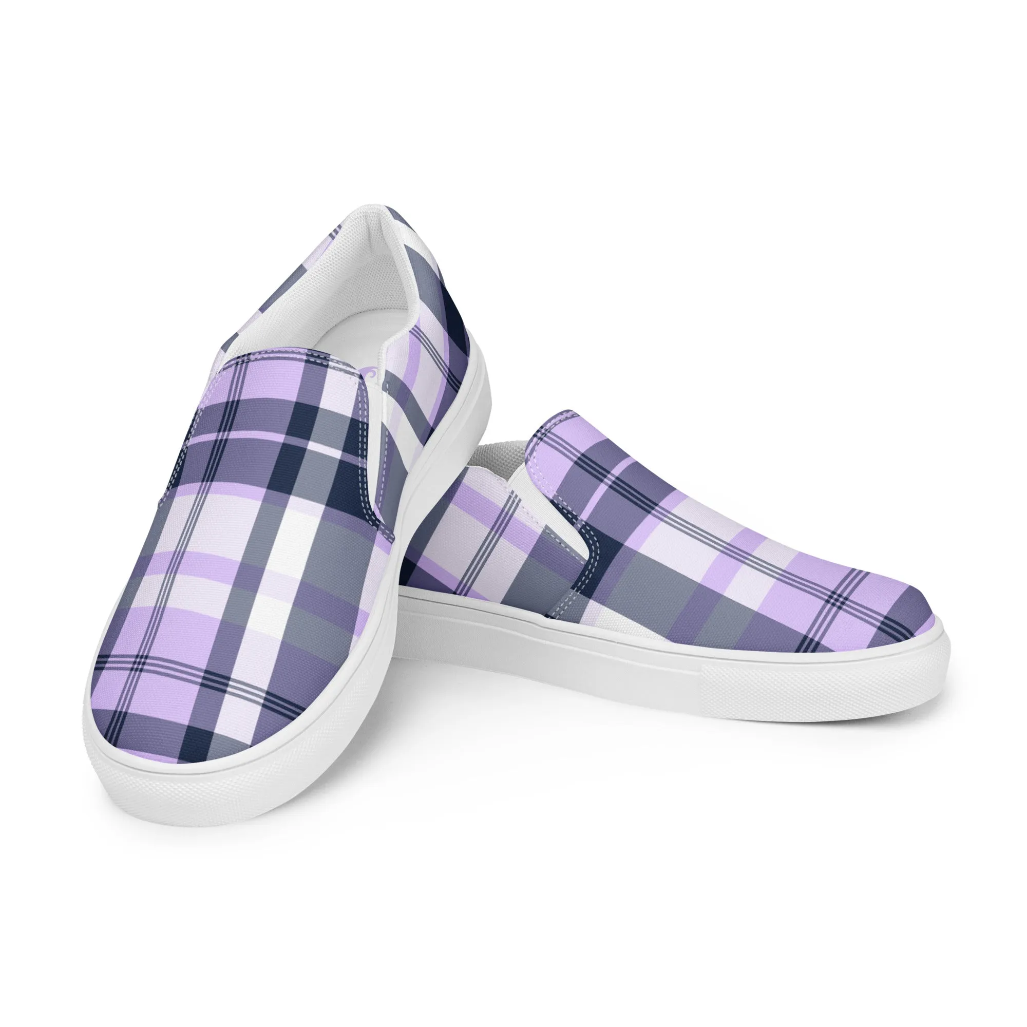 Lavender and Navy Blue Preppy Surfer Plaid Women's Slip On Canvas Shoes