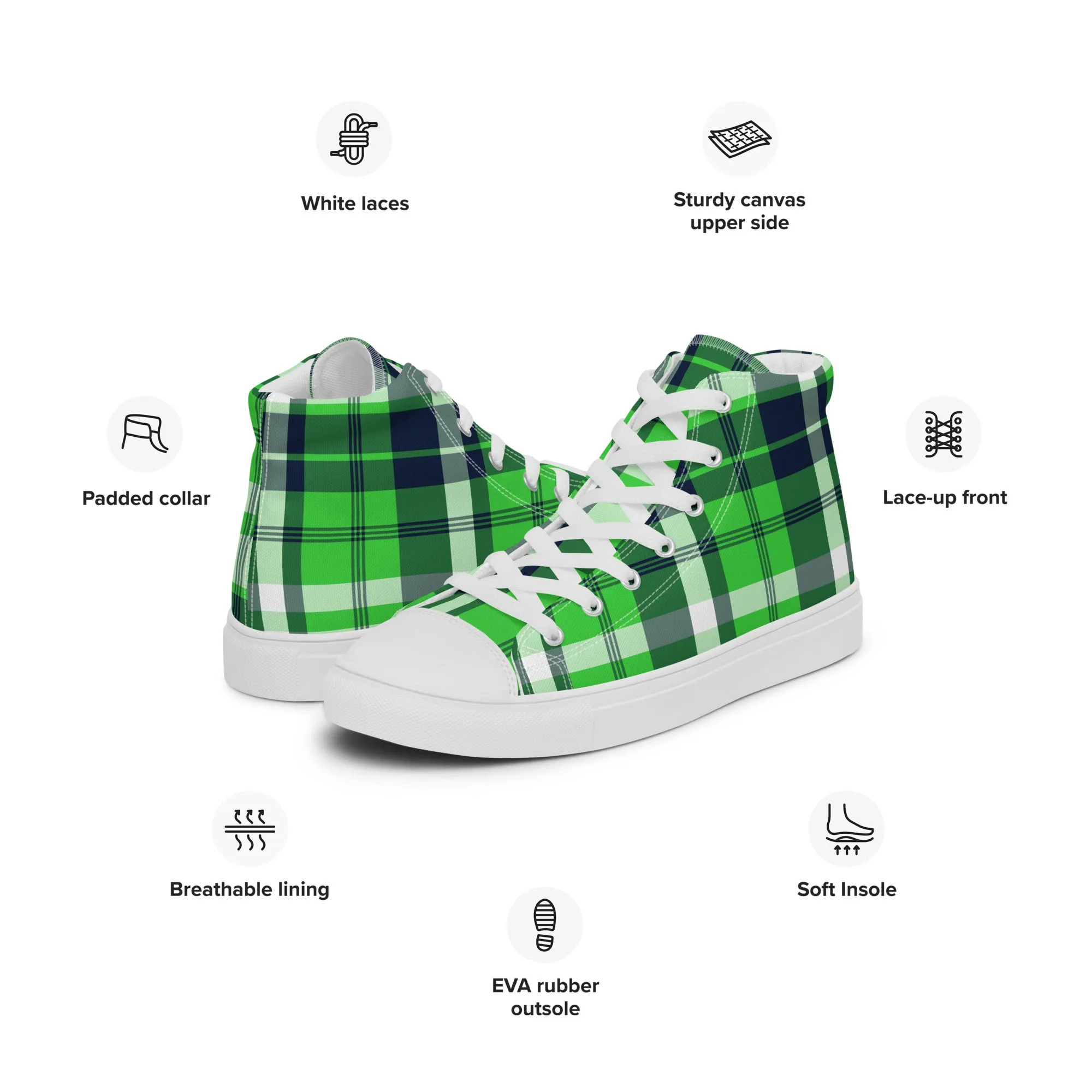 Lime and Navy Blue Surfer Girl Plaid Women’s High Top Canvas Shoes