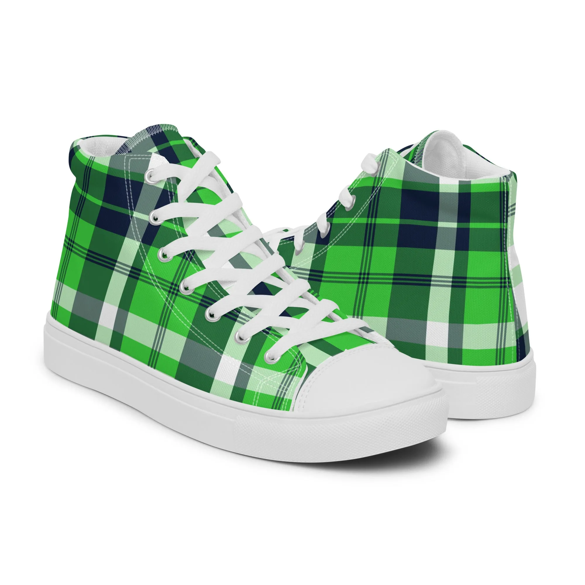 Lime and Navy Blue Surfer Girl Plaid Women’s High Top Canvas Shoes