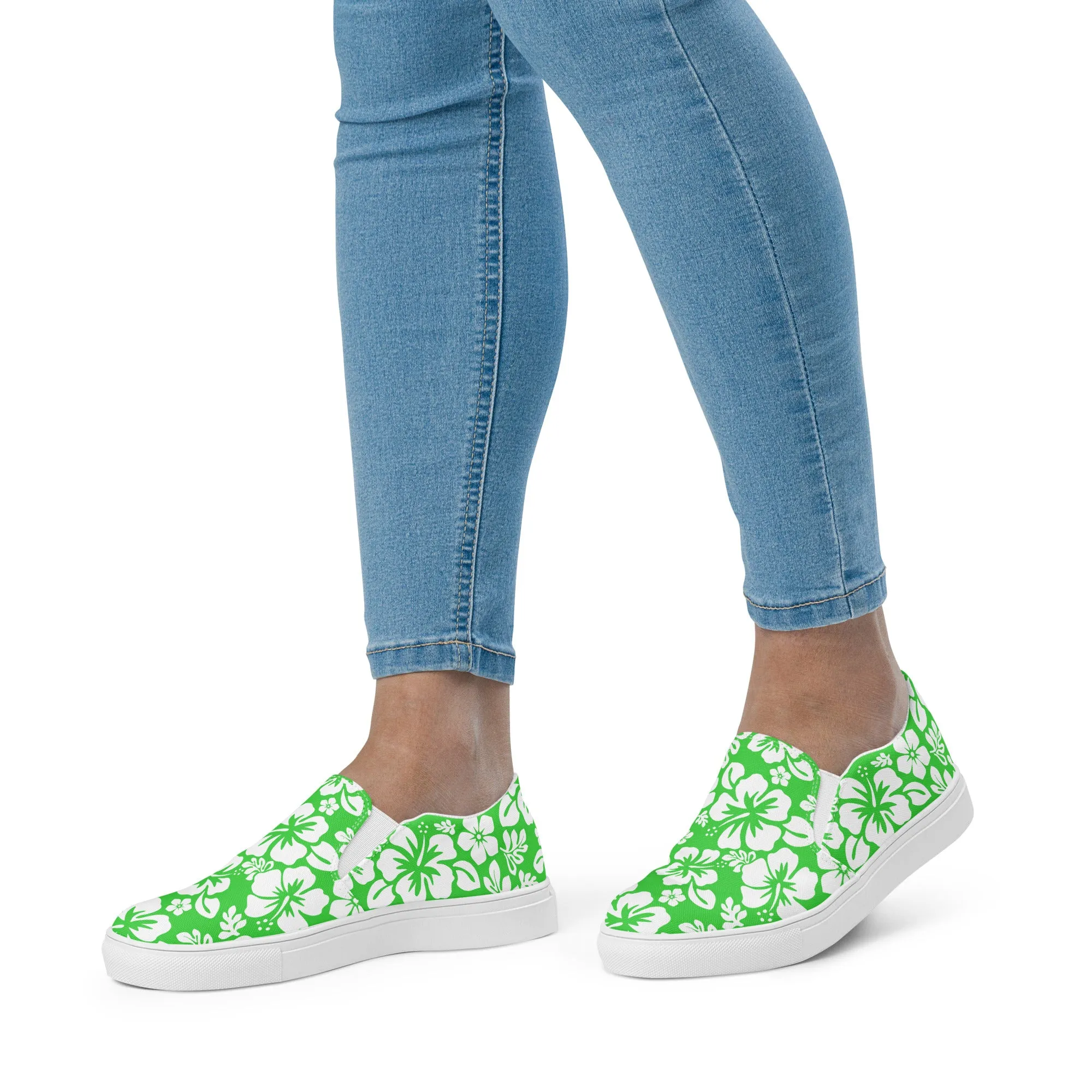 Lime and White Hawaiian Flowers Women's Slip On Canvas Shoes