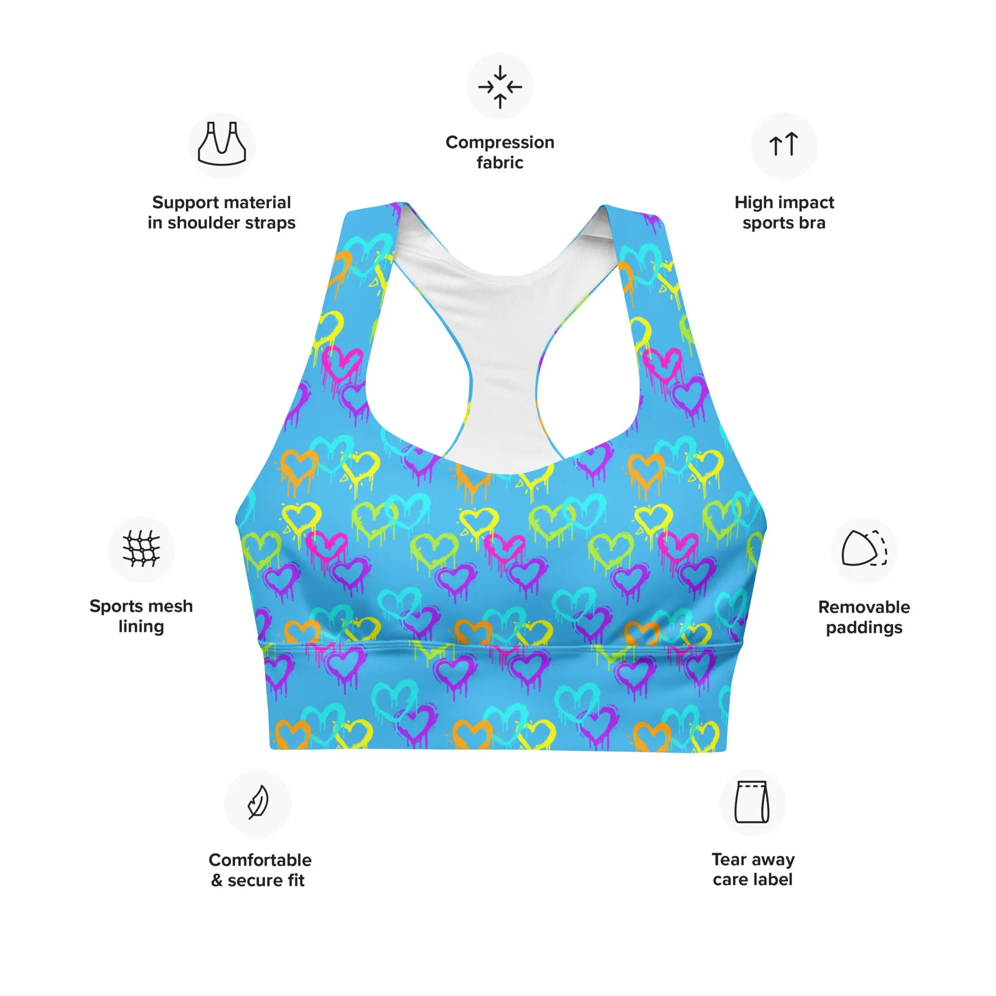 Longline sports bra - Melting Hearts - Blue