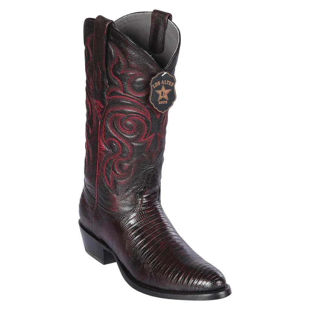 Los Altos Boots Mens #650718 Round Toe | Genuine Teju Lizard Boots Handcrafted | Color Black Cherry