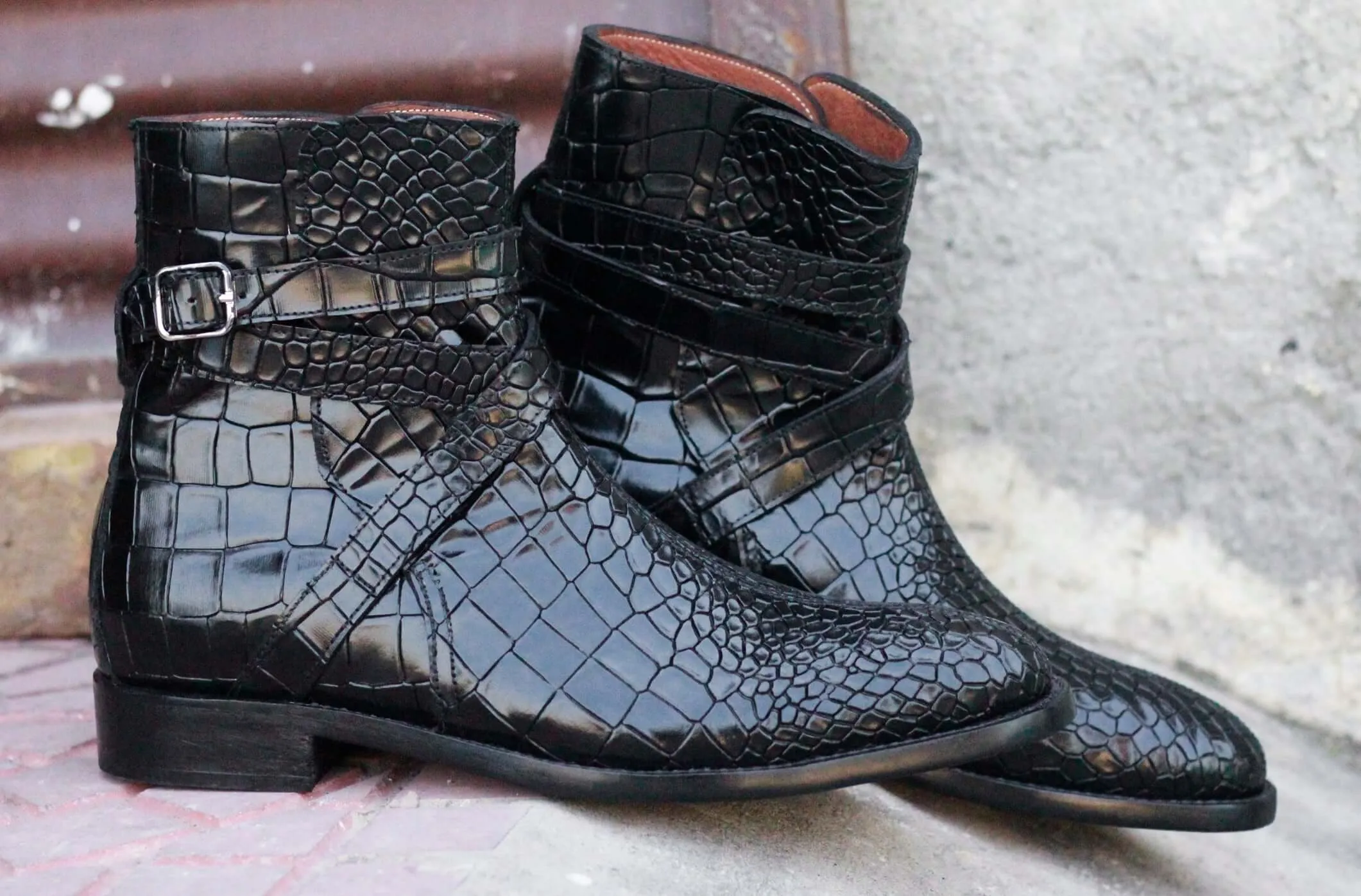 Men's Black Jodhpurs Alligator Leather Boot,Hand Painted Boot