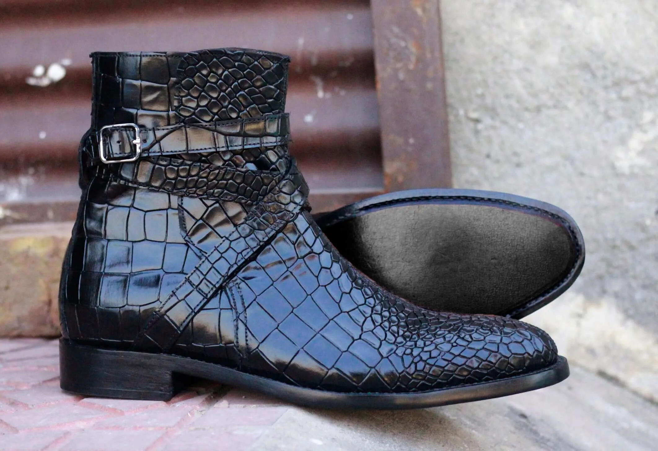 Men's Black Jodhpurs Alligator Leather Boot,Hand Painted Boot