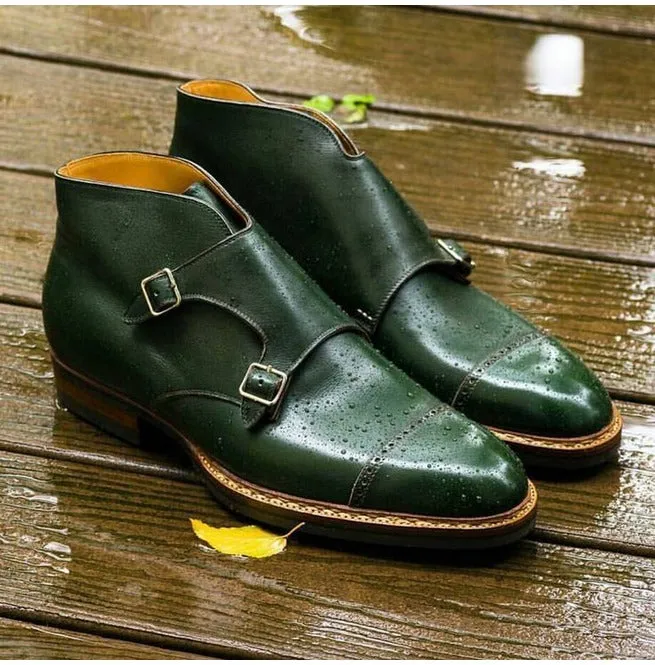 Men's Handmade Green Leather Double Buckle Strap Shoes Men Shoes, Cap Toe Shoes