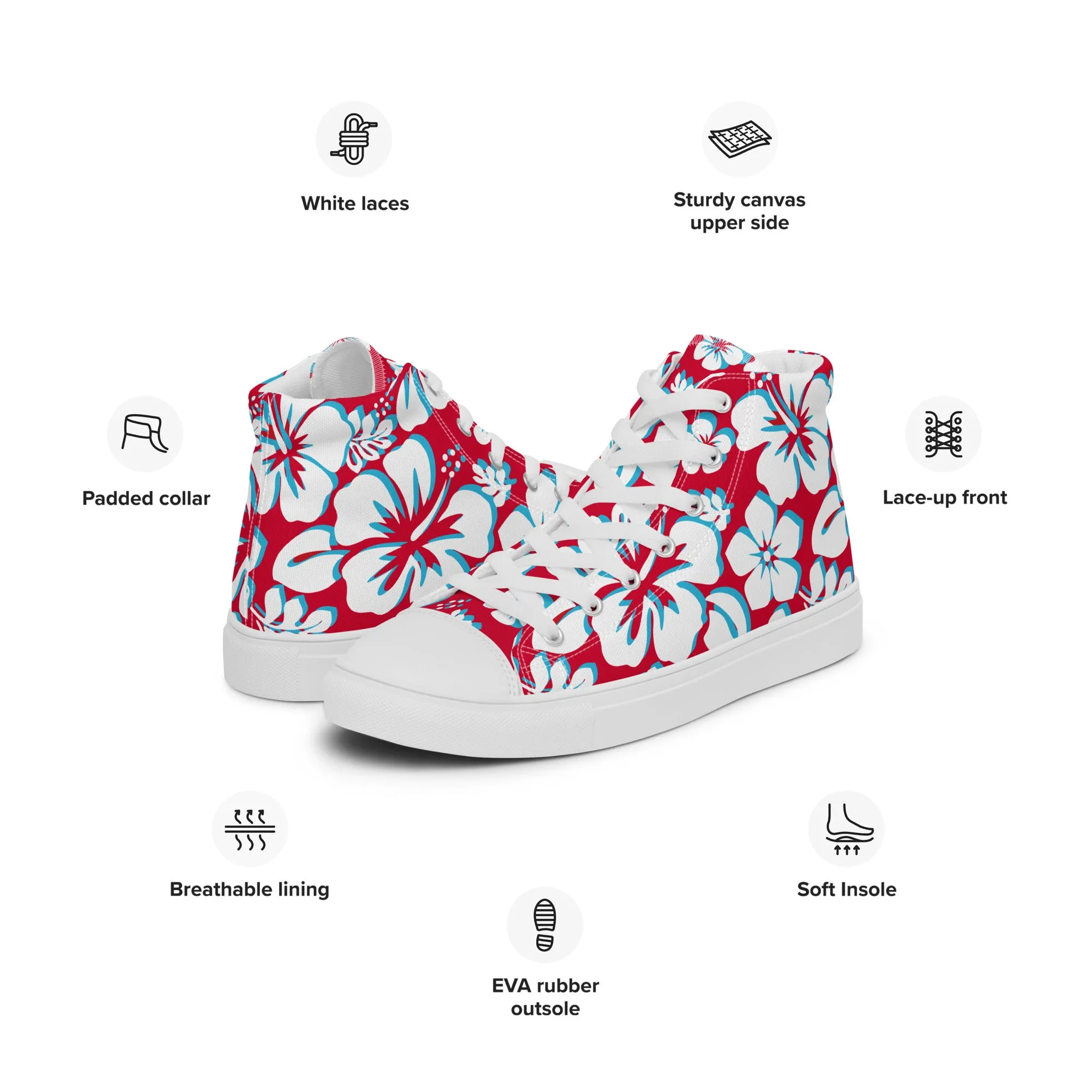 Men’s Red, White and Aqua Blue Hawaiian Print High Top Shoes