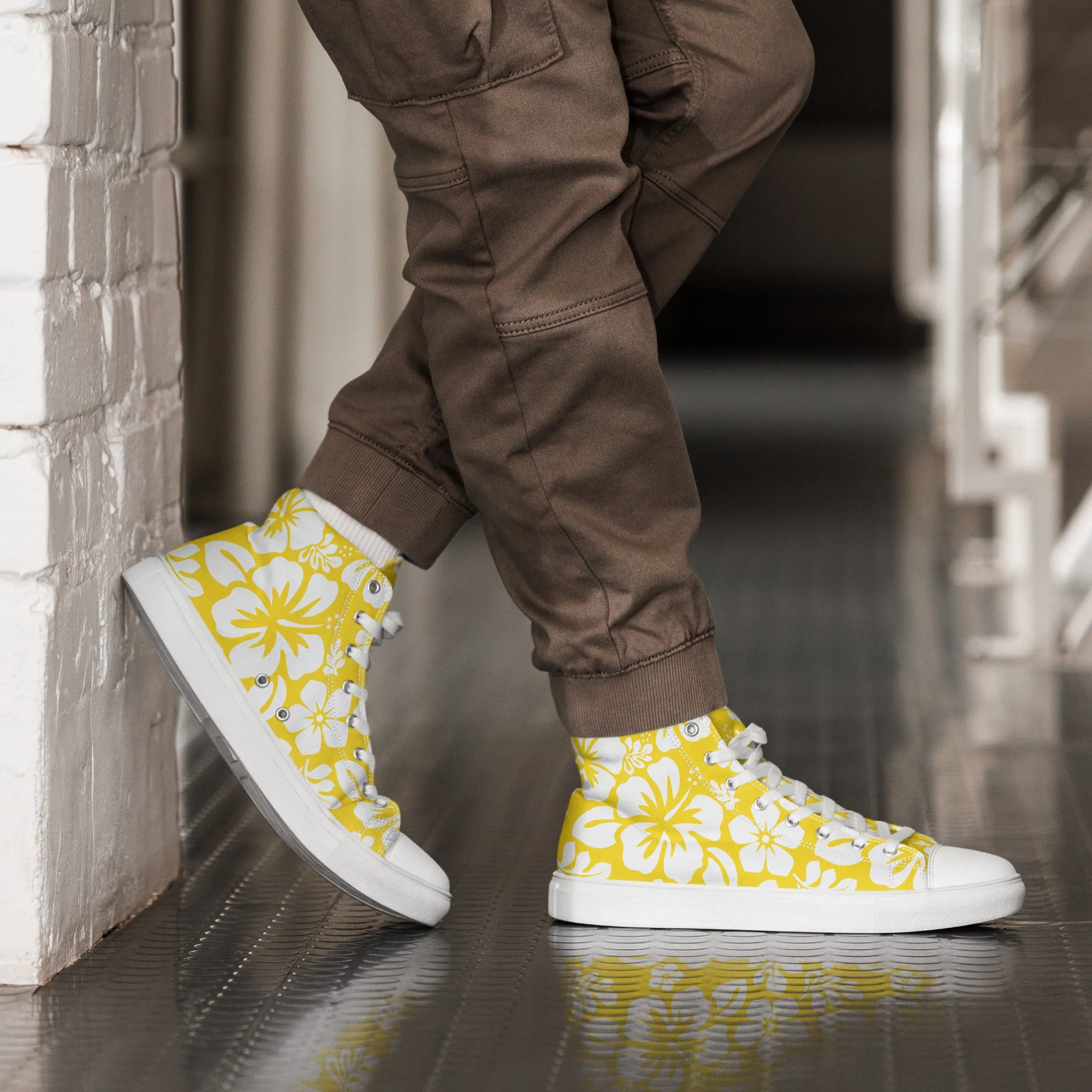 Men’s Yellow and White Hawaiian Print High Top Shoes