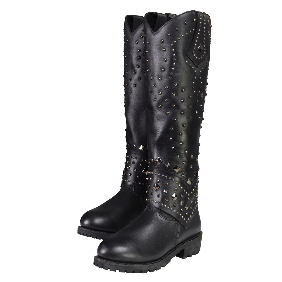 Milwaukee Leather MBL9371 Women's Black 18-Inch Leather Studded and Riveted Western Style Motorcycle Boots