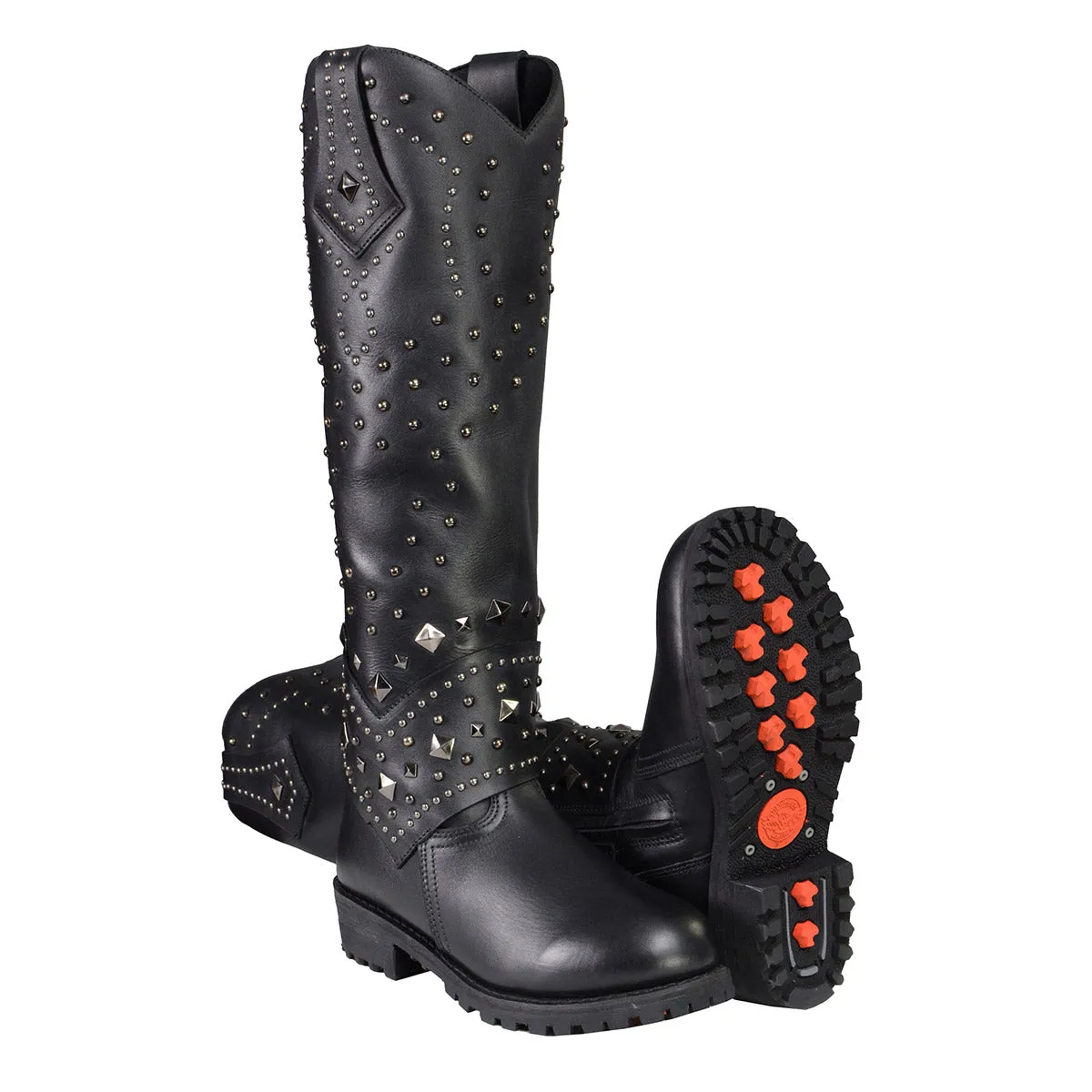 Milwaukee Leather MBL9371 Women's Black 18-Inch Leather Studded and Riveted Western Style Motorcycle Boots