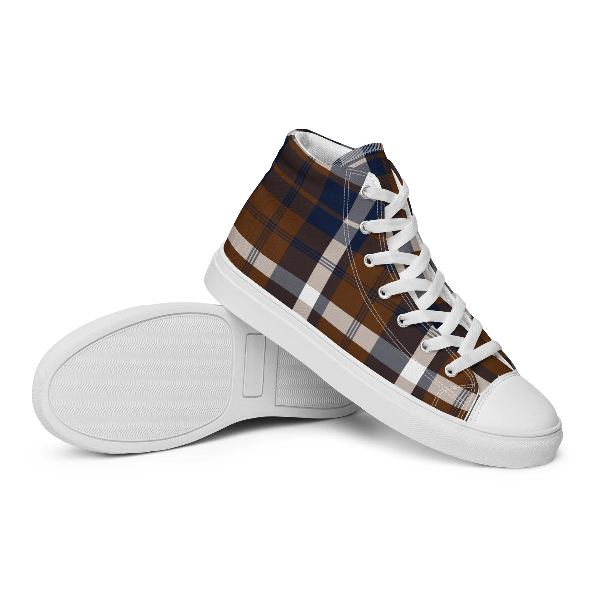 Navy Blue and Brown Preppy Surfer Plaid Men's High Top Canvas Shoes