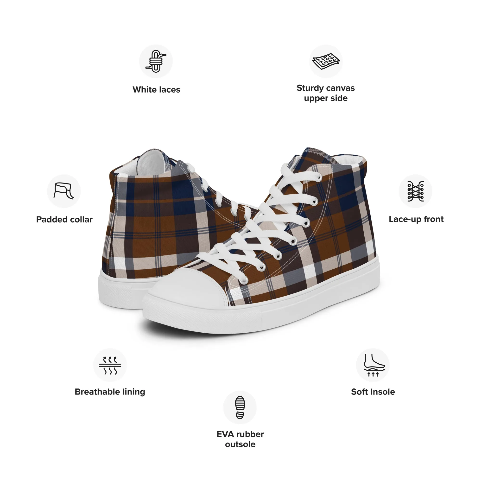 Navy Blue and Brown Preppy Surfer Plaid Men's High Top Canvas Shoes