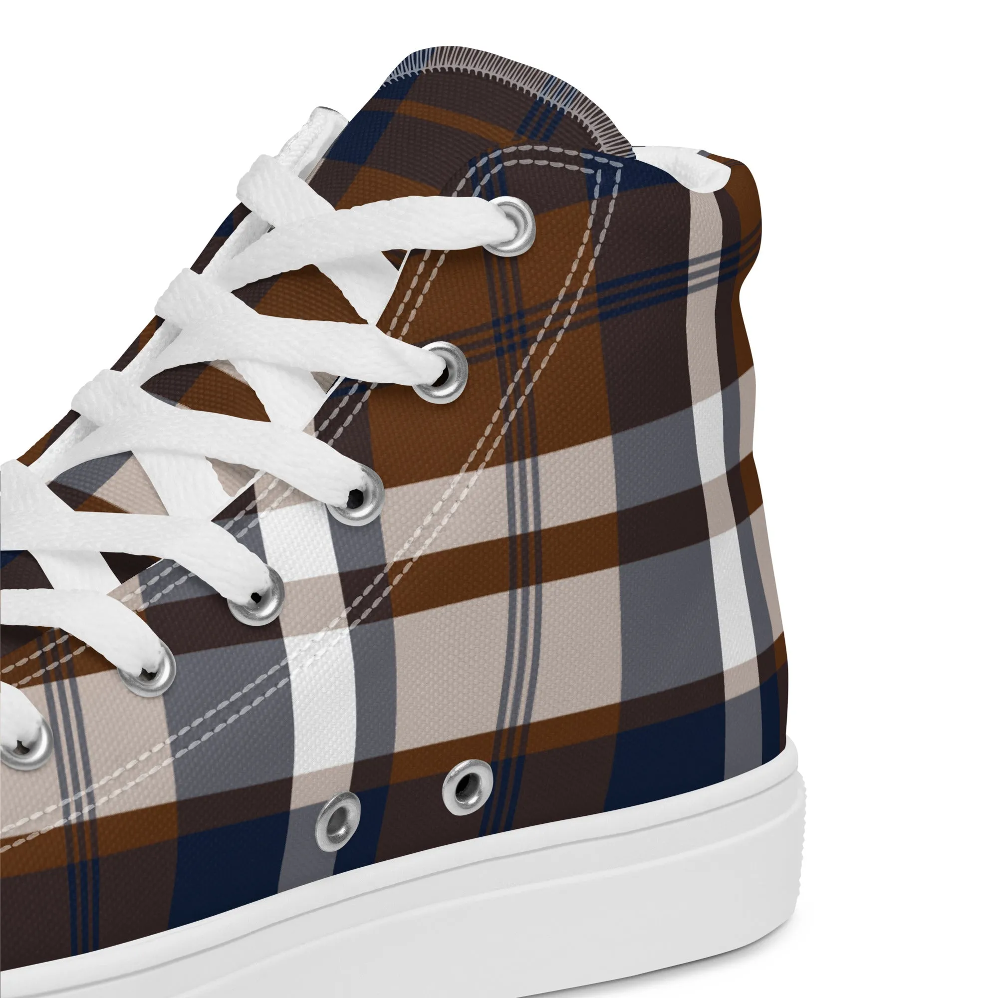 Navy Blue and Brown Preppy Surfer Plaid Men's High Top Canvas Shoes