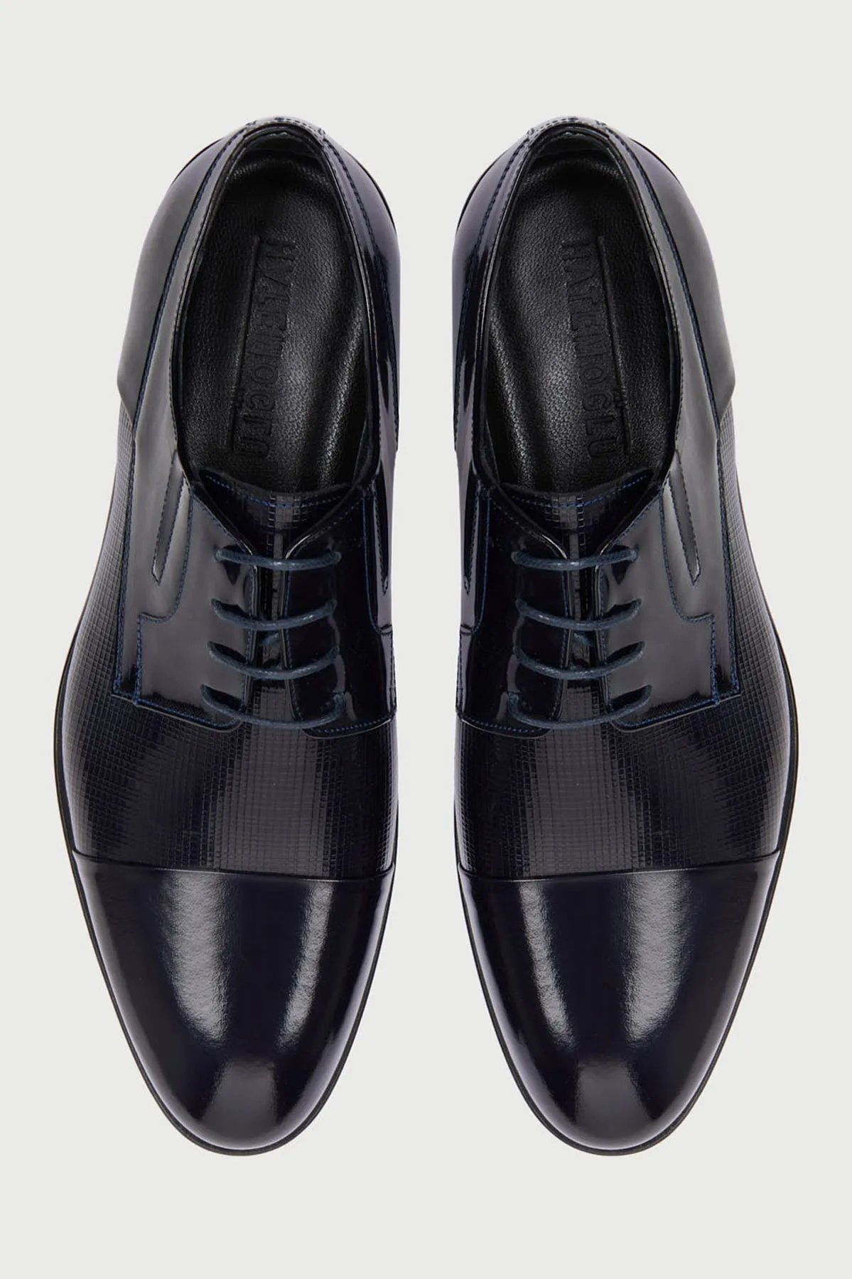 Navy Patent Leather Lace-Up Textured Tuxedo Shoes