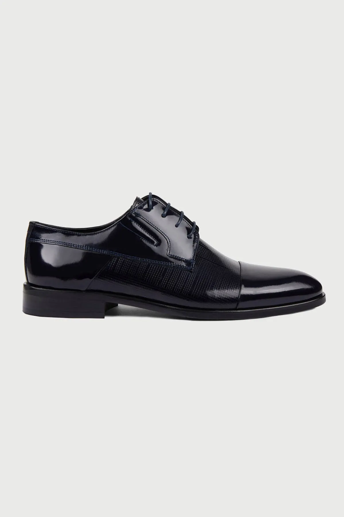 Navy Patent Leather Lace-Up Textured Tuxedo Shoes