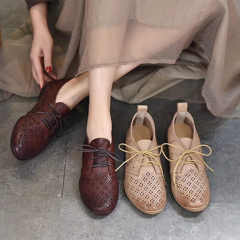 Perforated Design Genuine Leather Lace Up Oxfords for Women Soft Flats Coffee/Apricot