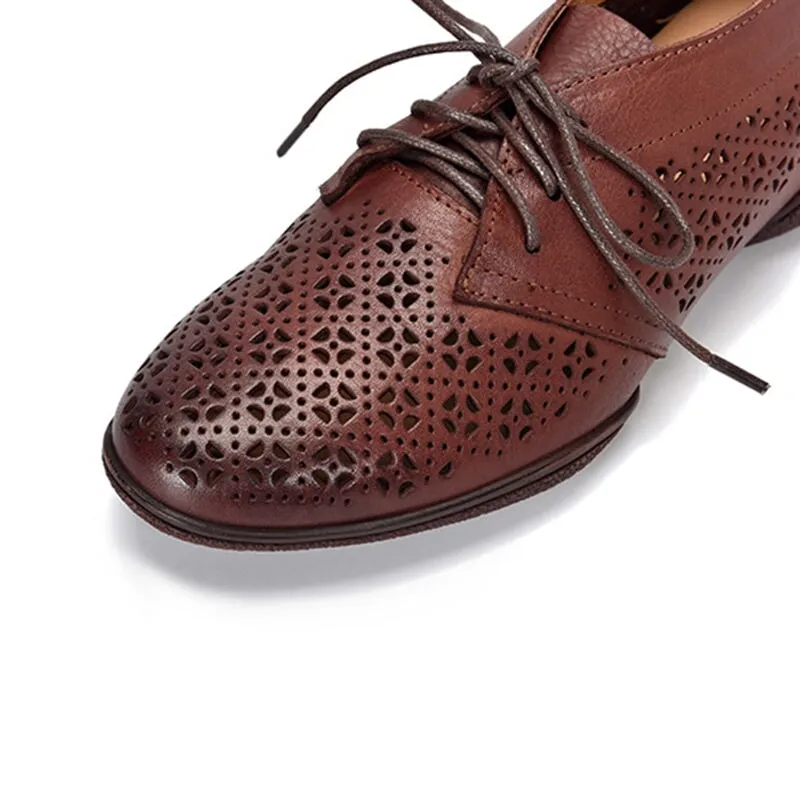 Perforated Design Genuine Leather Lace Up Oxfords for Women Soft Flats Coffee/Apricot