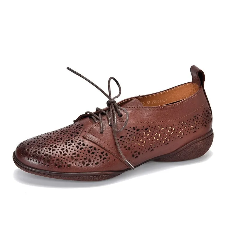 Perforated Design Genuine Leather Lace Up Oxfords for Women Soft Flats Coffee/Apricot