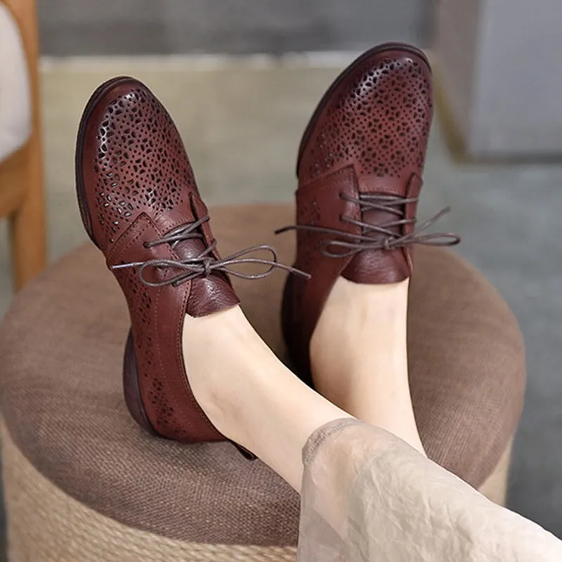 Perforated Design Genuine Leather Lace Up Oxfords for Women Soft Flats Coffee/Apricot