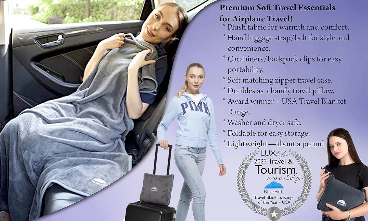 Premium Travel Blanket & Pillow Set - Compact, Grey, Airplane Ready