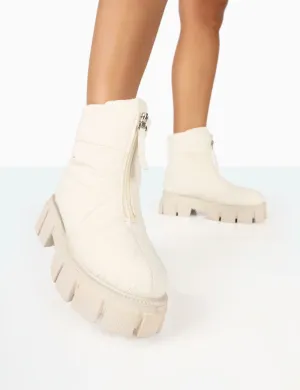 Puffy Ecru Nylon Zip Up Chunky Sole Snow Ankle Boots