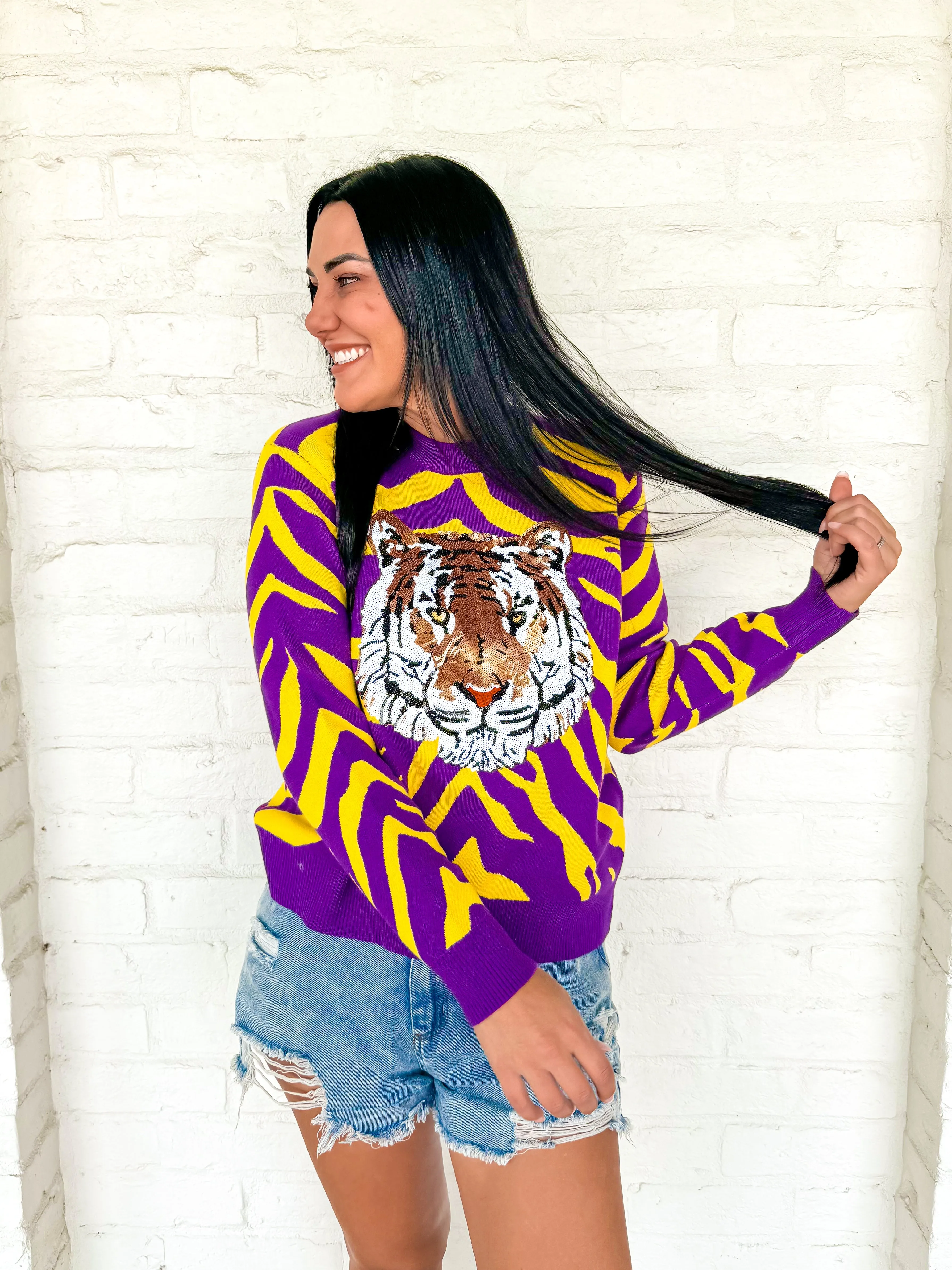 Queen Of Sparkles Purple & Yellow Tiger Face Tiger Head LS Sweater