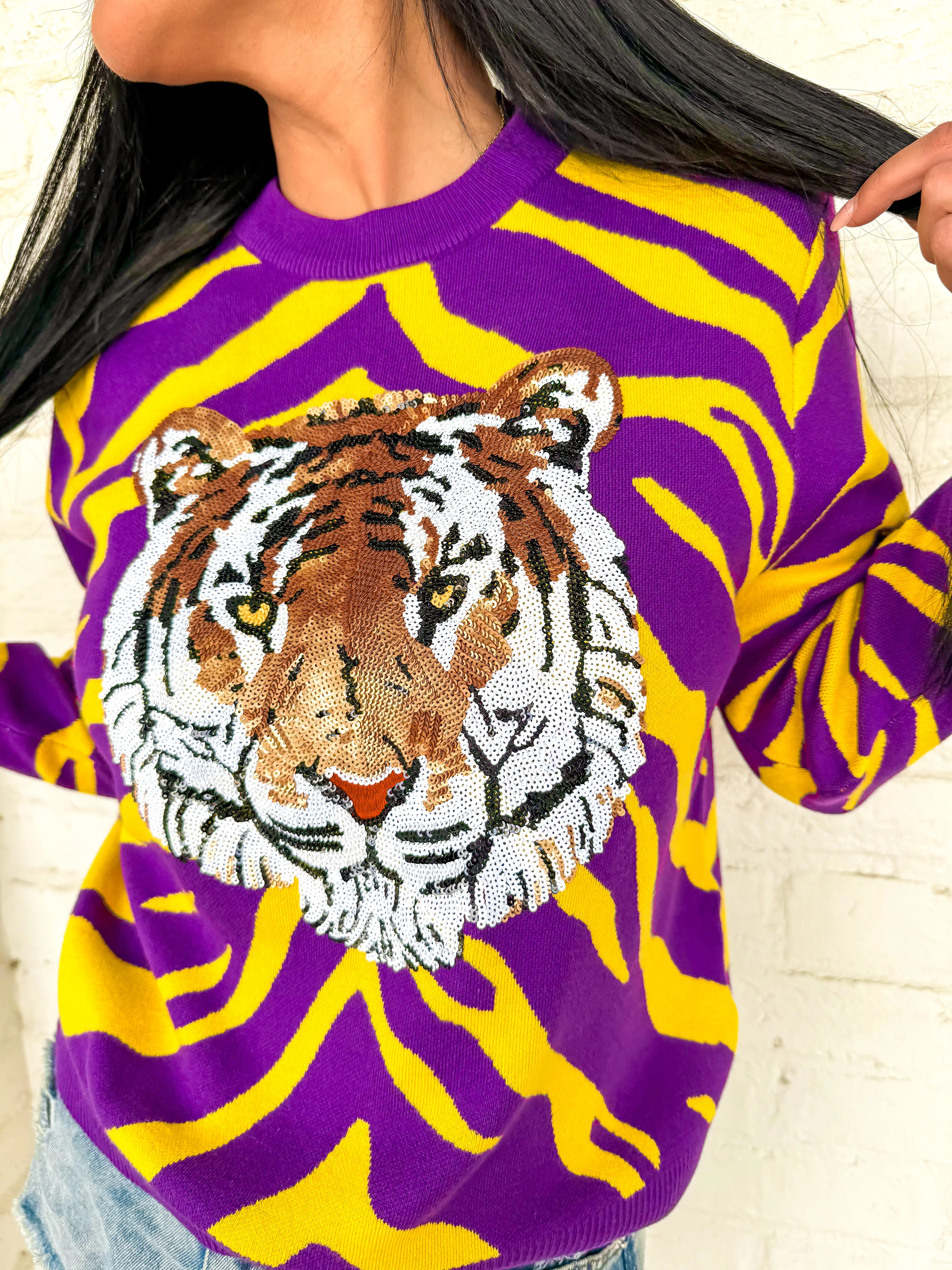 Queen Of Sparkles Purple & Yellow Tiger Face Tiger Head LS Sweater