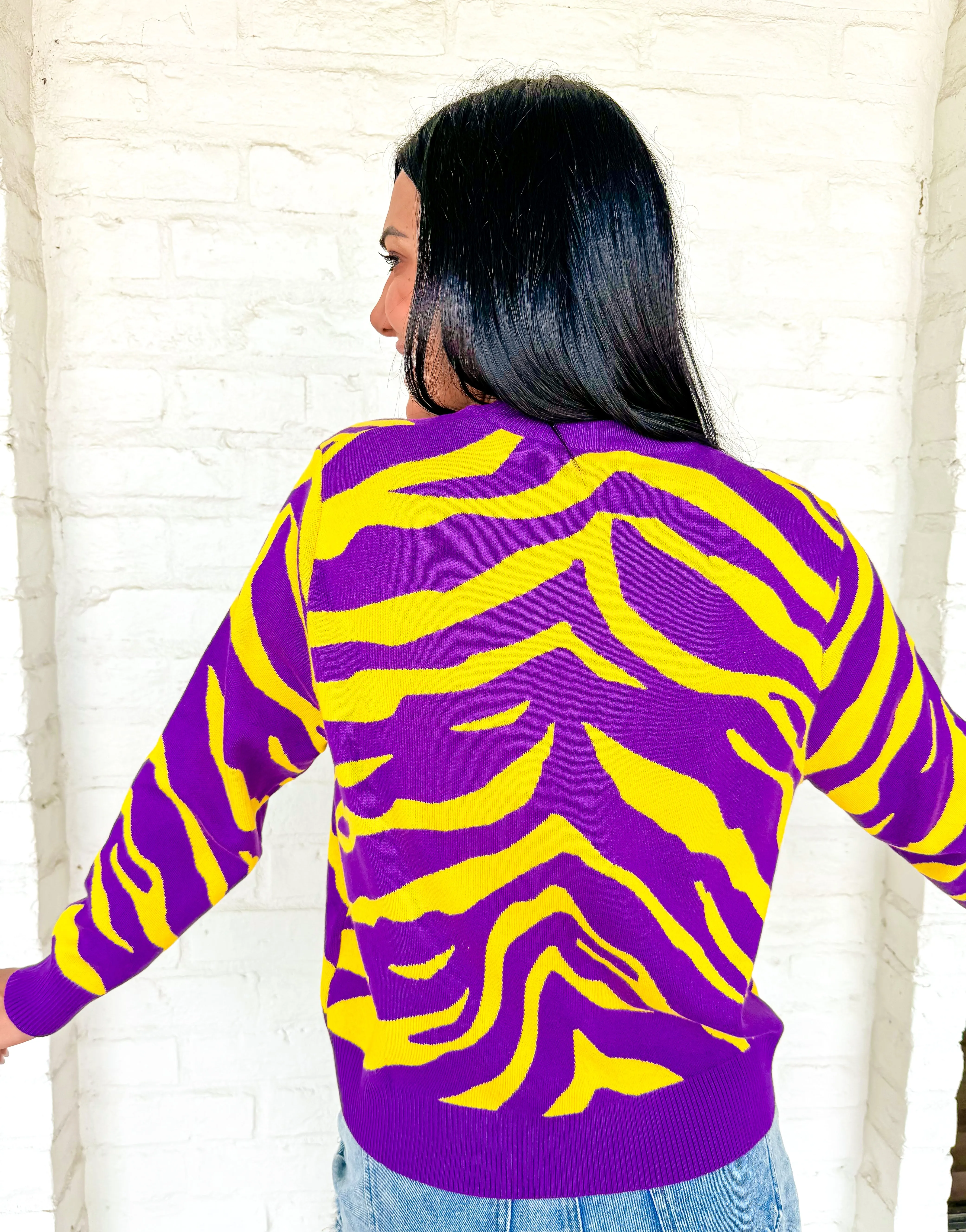 Queen Of Sparkles Purple & Yellow Tiger Face Tiger Head LS Sweater