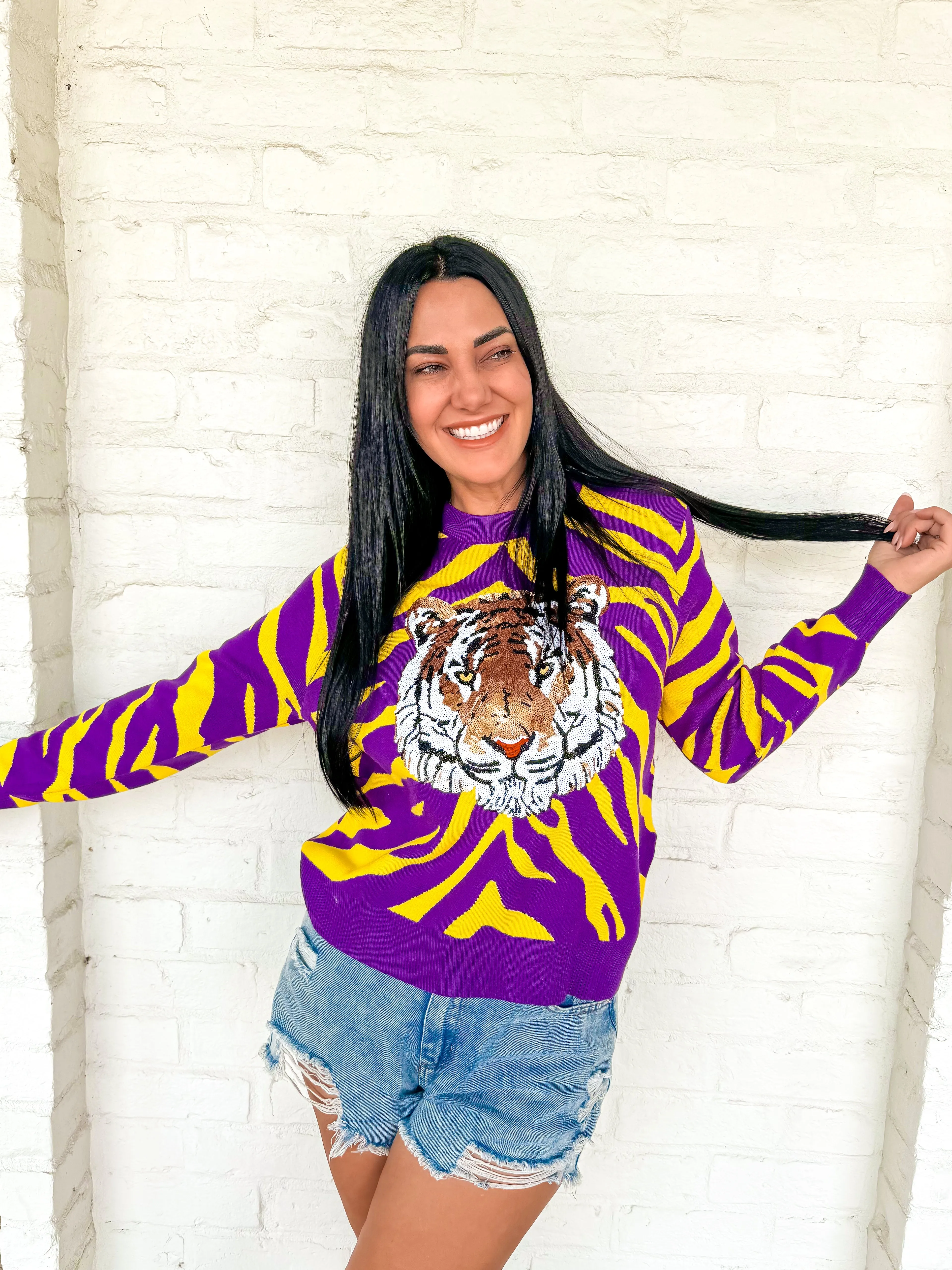 Queen Of Sparkles Purple & Yellow Tiger Face Tiger Head LS Sweater