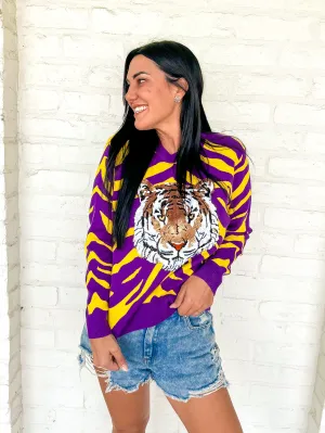 Queen Of Sparkles Purple & Yellow Tiger Face Tiger Head LS Sweater