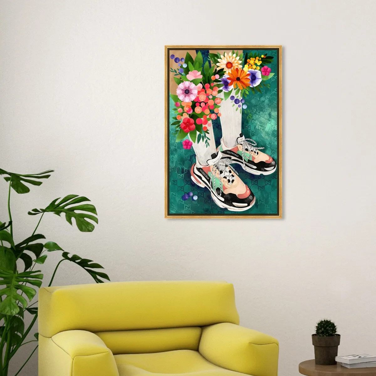 "Blooming Socks and Sneakers", Colorful floral sneaker outfit Modern Green Framed Canvas Wall Art Print for Bedroom