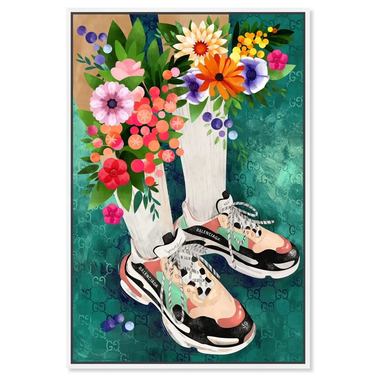 "Blooming Socks and Sneakers", Colorful floral sneaker outfit Modern Green Framed Canvas Wall Art Print for Bedroom