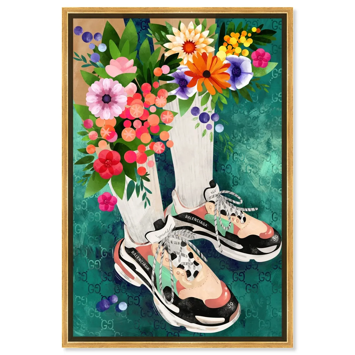 "Blooming Socks and Sneakers", Colorful floral sneaker outfit Modern Green Framed Canvas Wall Art Print for Bedroom