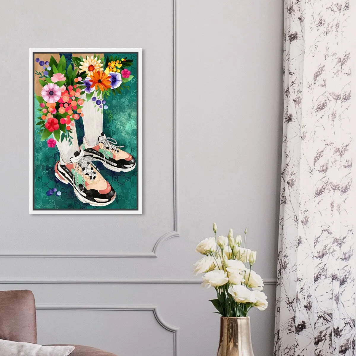 "Blooming Socks and Sneakers", Colorful floral sneaker outfit Modern Green Framed Canvas Wall Art Print for Bedroom