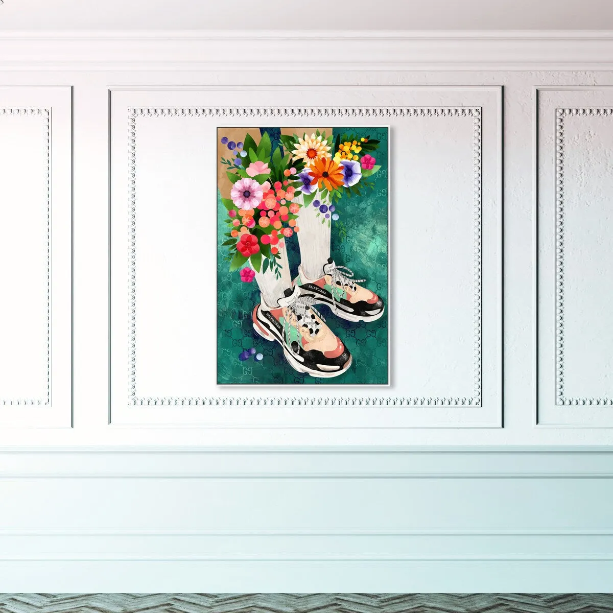 "Blooming Socks and Sneakers", Colorful floral sneaker outfit Modern Green Framed Canvas Wall Art Print for Bedroom