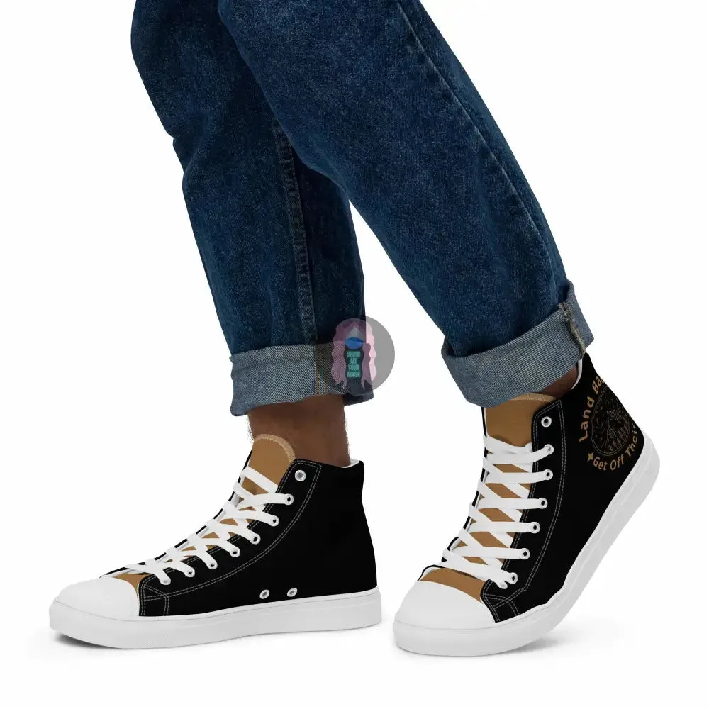 "Land back. get off their lawn" Men’s high top canvas shoes