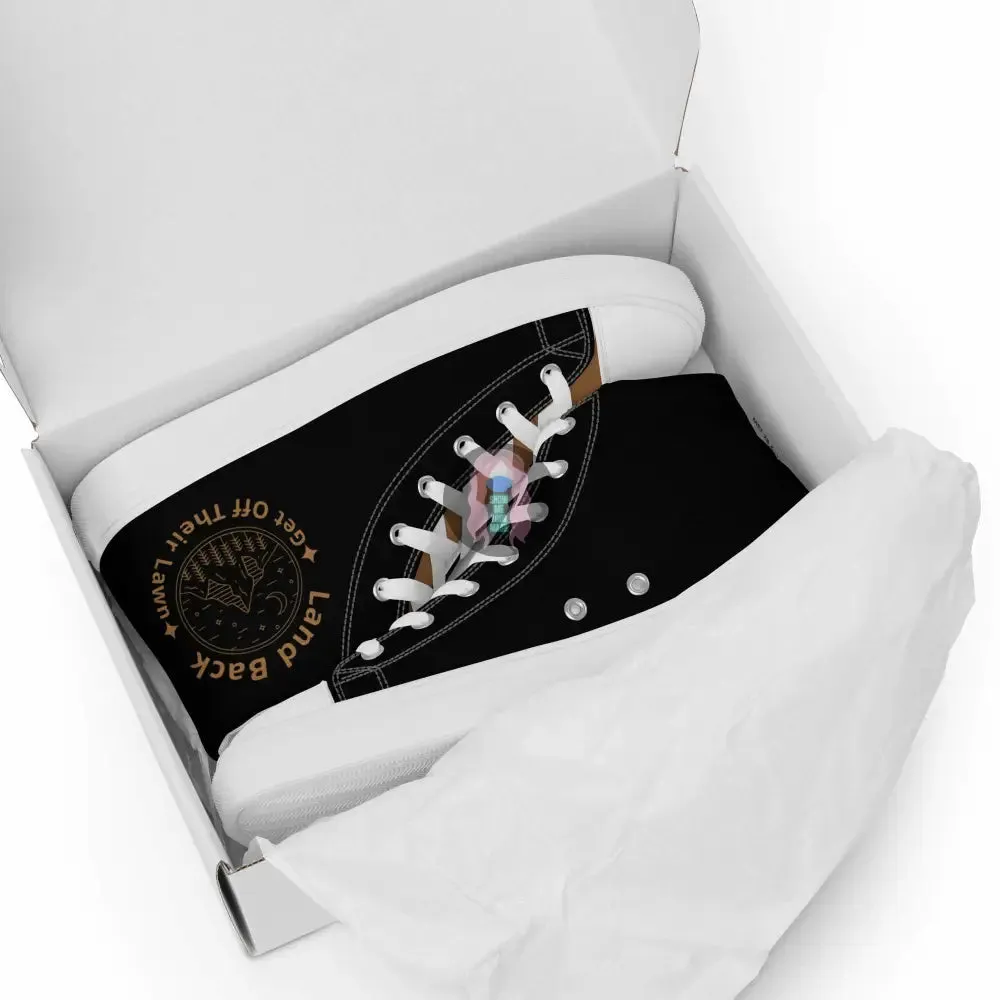 "Land Back, get off their lawn"  Women’s high top canvas shoes