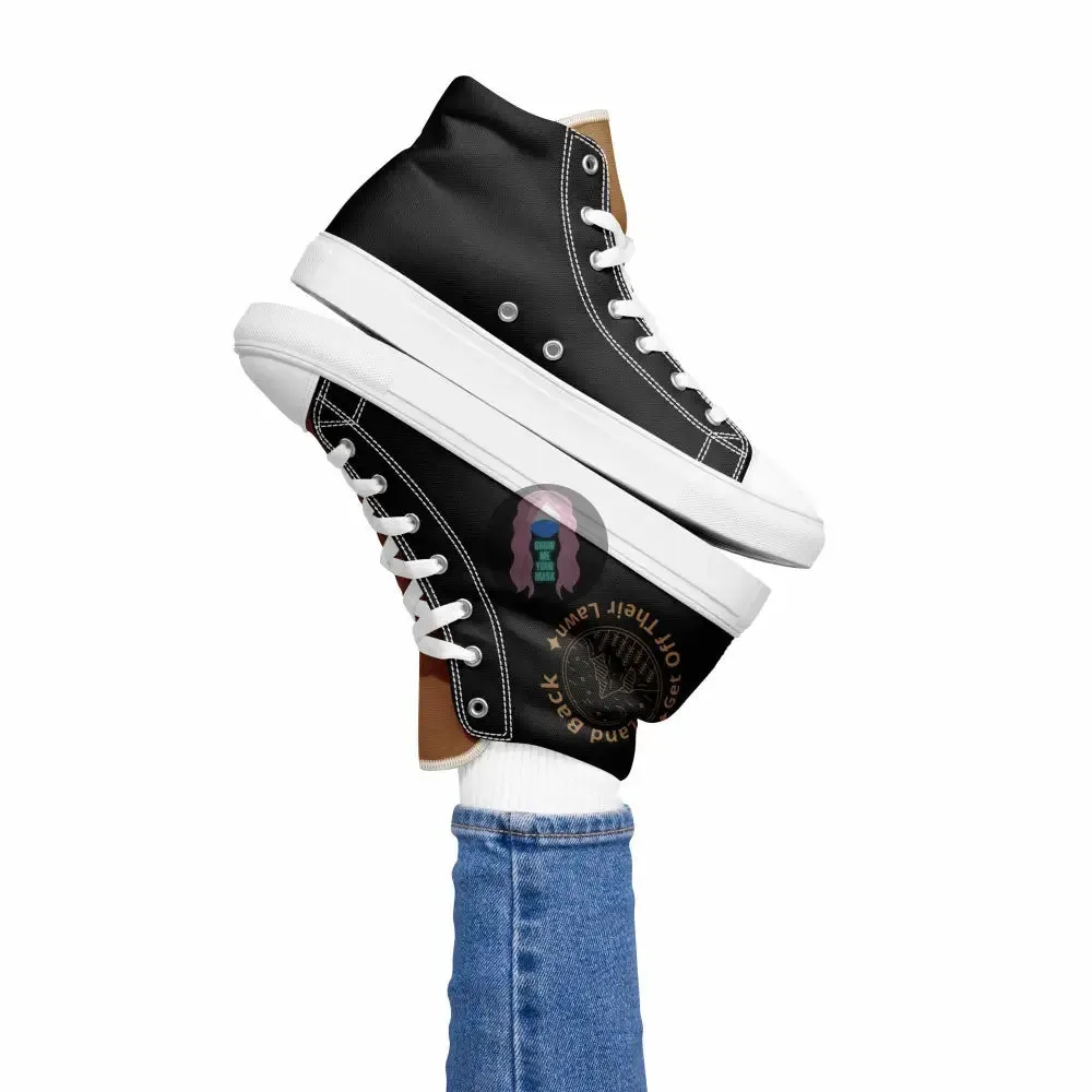 "Land Back, get off their lawn"  Women’s high top canvas shoes