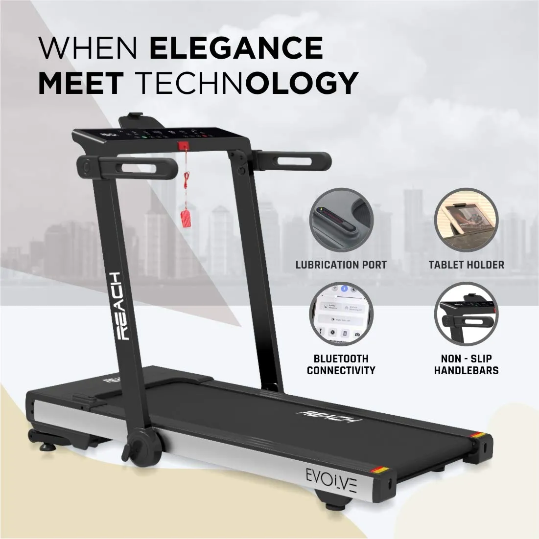 Reach Evolve 6 HP Peak | For Running Walking & Jogging with Auto Incline | 90 Degree Foldable Treadmill for Home Gym | Fitness Machine with LCD Display & Bluetooth | 15 Preset Workouts for Cardio | 16 km/hr Max User Weight 110 kgs