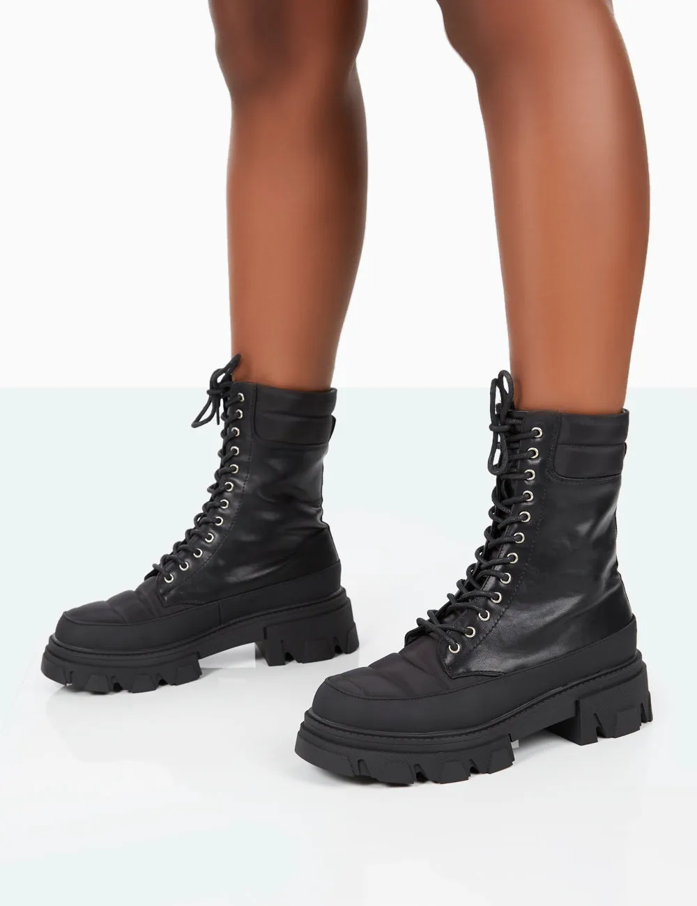 Refresh Black Pu Nylon Lace Up Platform Chunky Sole Ankle Boots