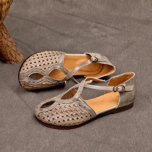 Retro Handmade Flat Leather Cut Out Gladiator Sandals in Gray