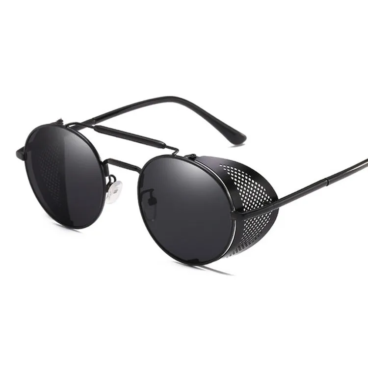 Retro Round Metal Sunglasses Unisex Design UV Protection Glasses(Black Gray)