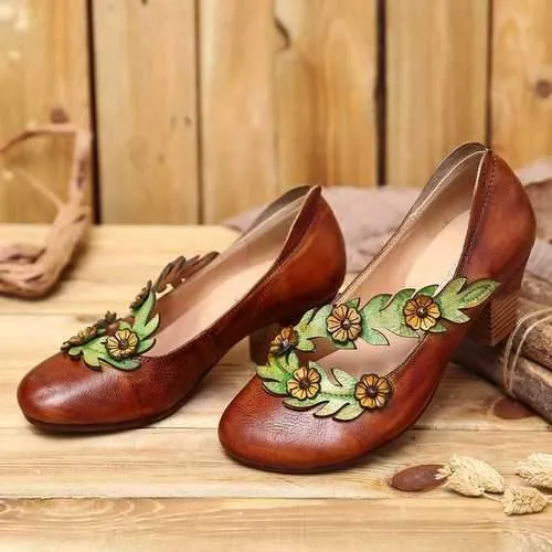 Retro Sunflower Vine Strap Leather Shoes