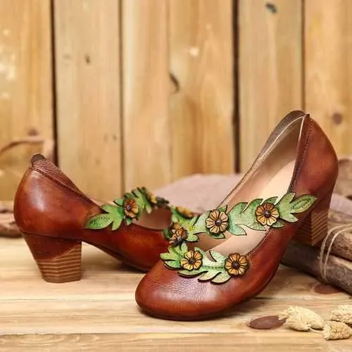 Retro Sunflower Vine Strap Leather Shoes