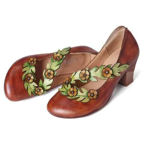 Retro Sunflower Vine Strap Leather Shoes