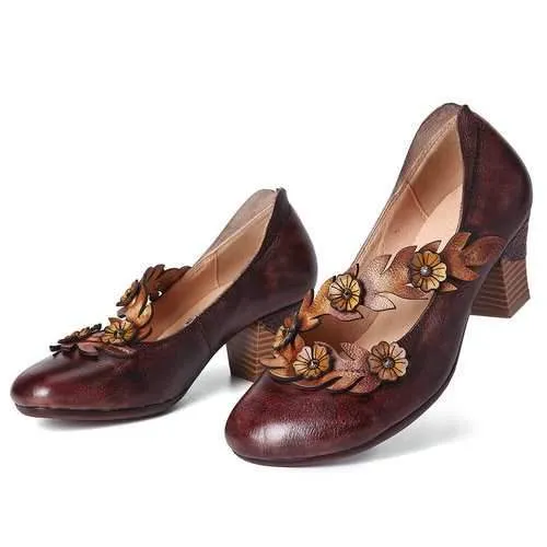 Retro Sunflower Vine Strap Leather Shoes