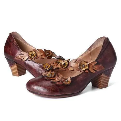 Retro Sunflower Vine Strap Leather Shoes