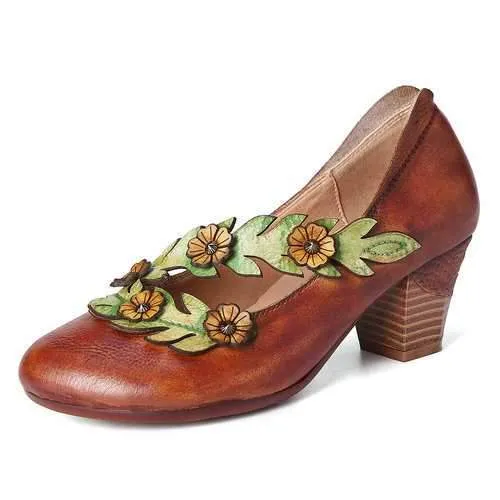 Retro Sunflower Vine Strap Leather Shoes